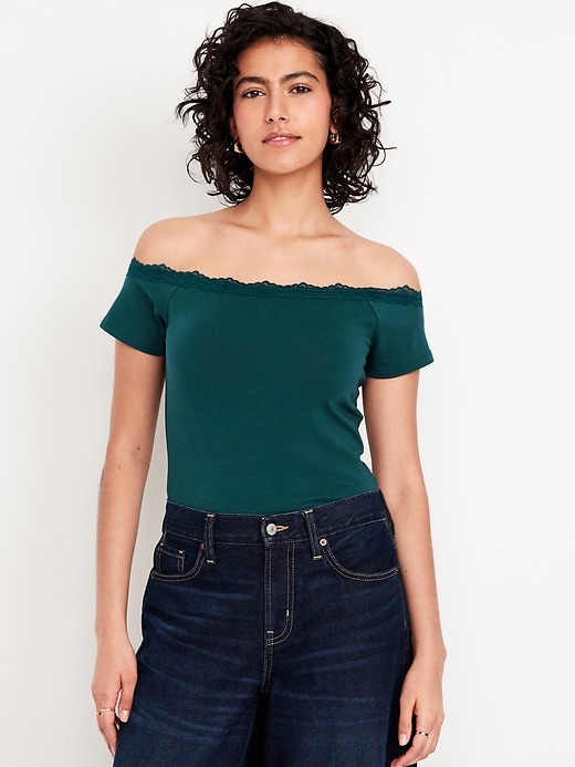 Image number 1 showing, Off-Shoulder Lace-Trim Top