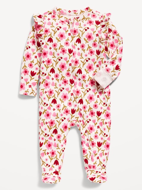 2-Way-Zip Sleep & Play Ruffle-Trim Footed One-Piece for Baby - Pink Floral