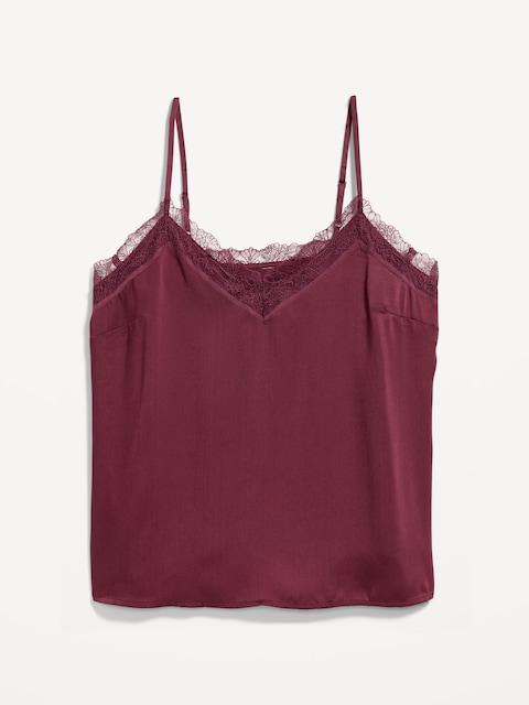Lace-Trim Satin Cami Top - Red