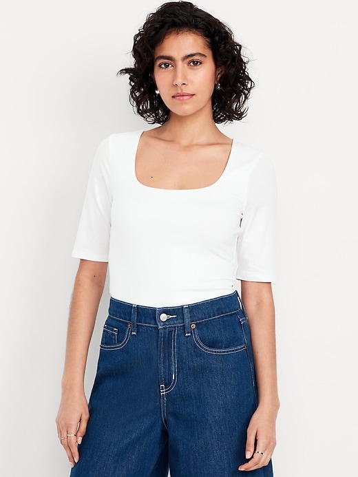 Image number 1 showing, Double-Layer Elbow-Sleeve Scoop-Neck T-Shirt