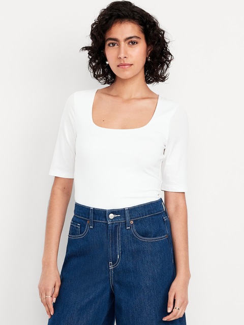 Double-Layer Elbow-Sleeve Scoop-Neck T-Shirt - White