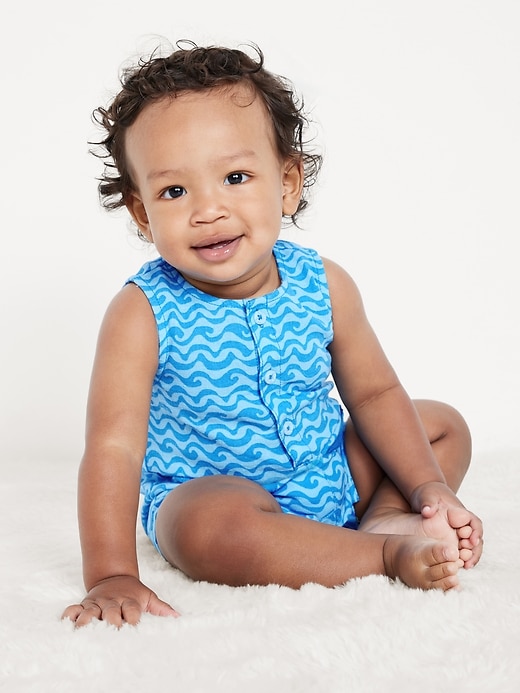 View large product image 1 of 1. Sleeveless Linen-Blend Henley One-Piece Romper for Baby