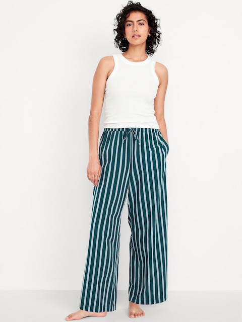 Poplin Wide-Leg Pajama Pants - Dreamy Green Stripe