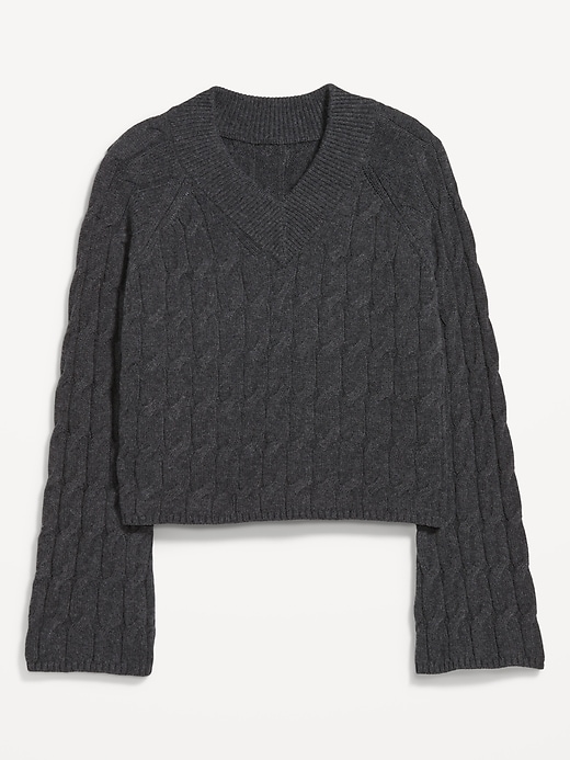 Image number 3 showing, Wool-Blend V-Neck Cable Cropped Sweater