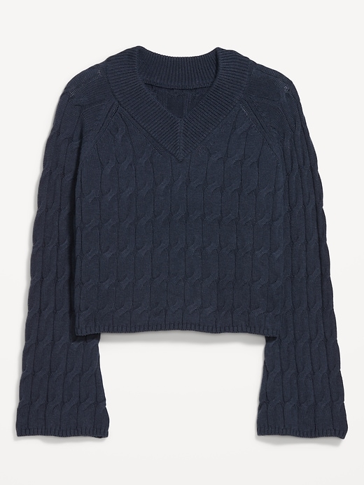 Image number 3 showing, Wool-Blend V-Neck Cable Cropped Sweater