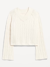 Image number 2 showing, Wool-Blend V-Neck Cable Cropped Sweater