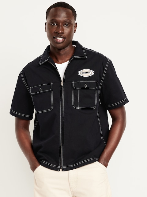 Short-Sleeve Moto Zip Shirt - Black