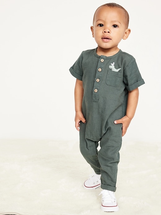 View large product image 1 of 2. Short-Sleeve Henley Linen-Blend One-Piece for Baby