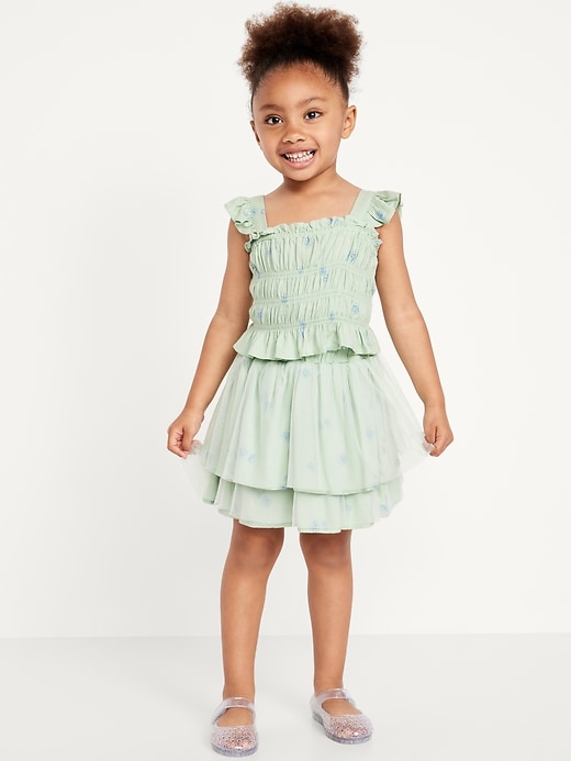 View large product image 1 of 3. Printed Sleeveless Smocked Top and Tulle Skirt Set for Toddler Girls