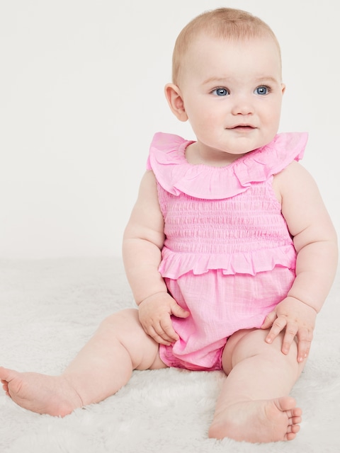 Sleeveless Ruffle-Trim Smocked One-Piece Romper for Baby