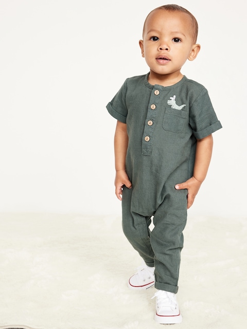 Short-Sleeve Henley Linen-Blend One-Piece for Baby