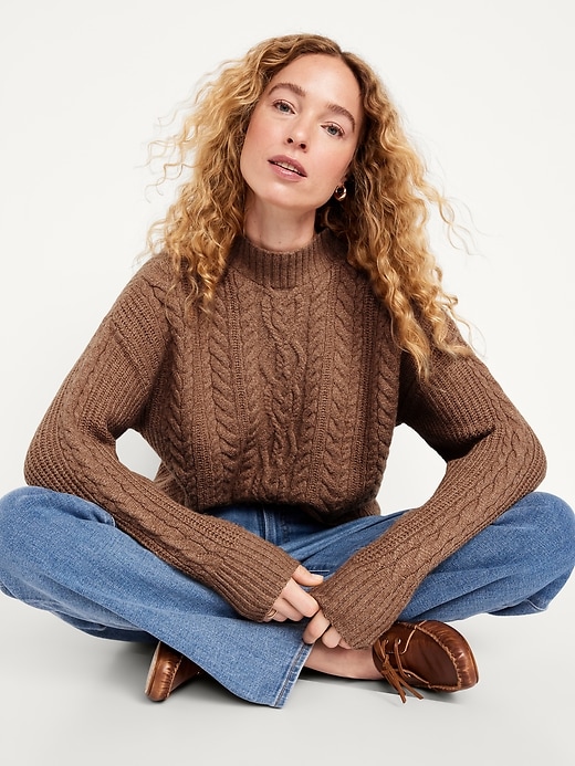 Image number 3 showing, SoSoft Cropped Mock-Neck Cable Sweater