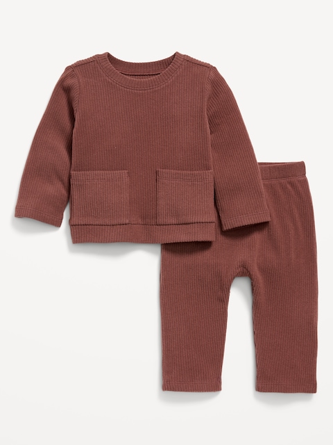 Ribbed Pocket T-Shirt and Pants Set for Baby - Brown