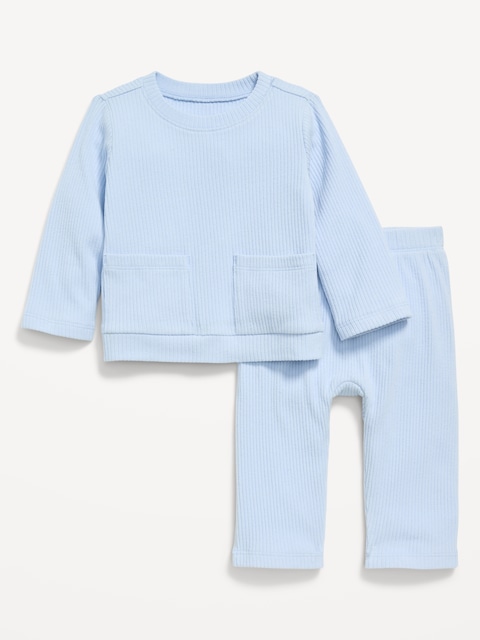 Ribbed Pocket T-Shirt and Pants Set for Baby - Blue