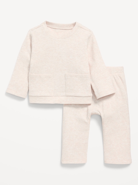 Long-Sleeve Ribbed Pocket T-Shirt and Pants Set for Baby - Beige