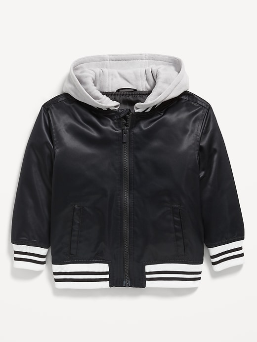 Voir une image plus grande du produit 1 de 2. Blouson aviateur à capuchon en satin avec glissière à l’avant pour tout-petit garçon