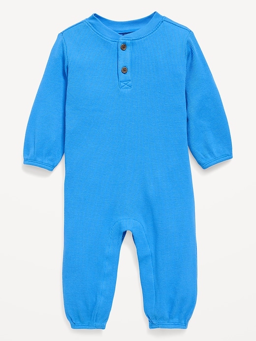 View large product image 1 of 1. Long-Sleeve Waffle-Knit Henley One-Piece for Baby