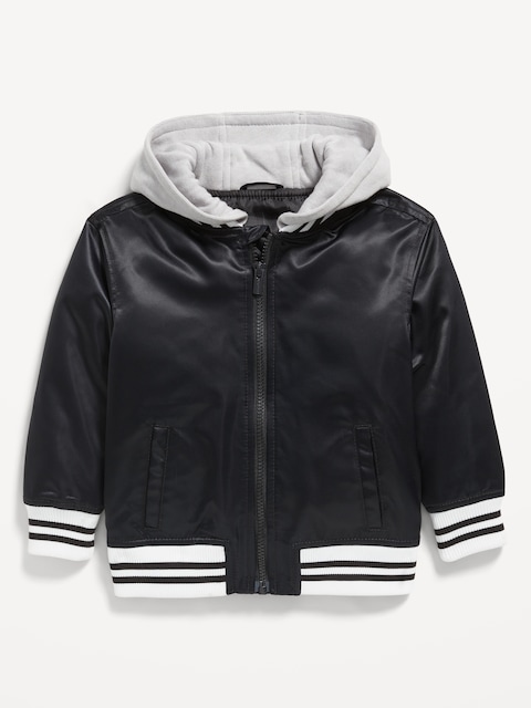 Blouson aviateur à capuchon en satin avec glissière à l’avant pour tout-petit garçon - Noir