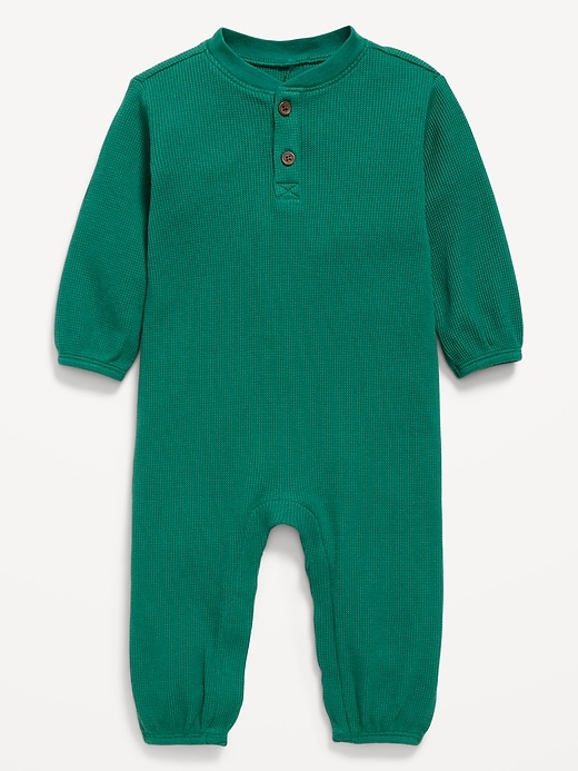 View large product image 1 of 2. Long-Sleeve Waffle-Knit Henley One-Piece for Baby