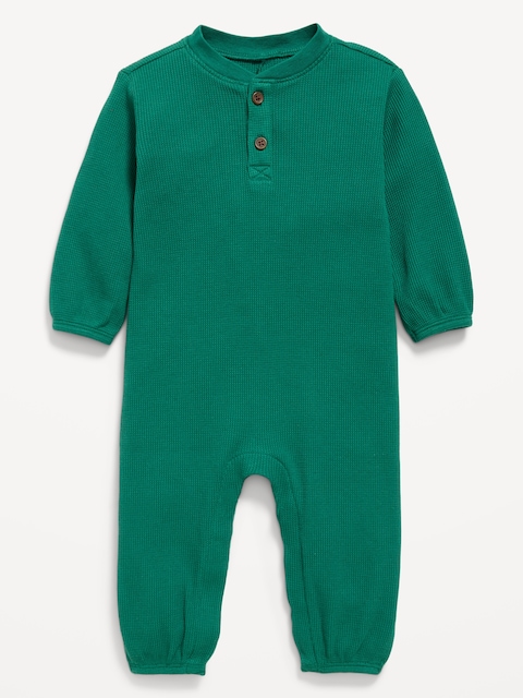 Long-Sleeve Waffle-Knit Henley One-Piece for Baby - Green
