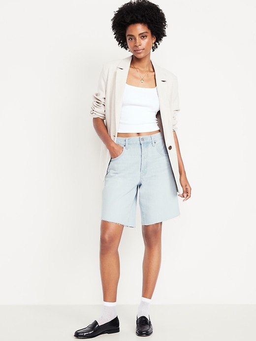 Image number 1 showing, Mid-Rise Baggy Cut-Off Jean Bermuda Shorts -- 9-inch inseam