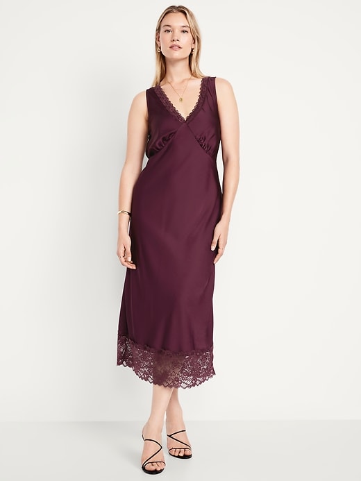 Image number 4 showing, Lace-Trim Satin Midi Dress