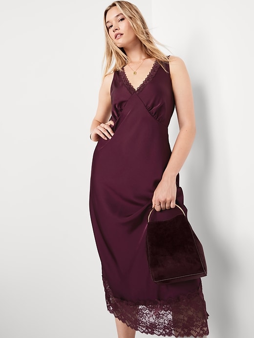 Image number 3 showing, Lace-Trim Satin Midi Dress