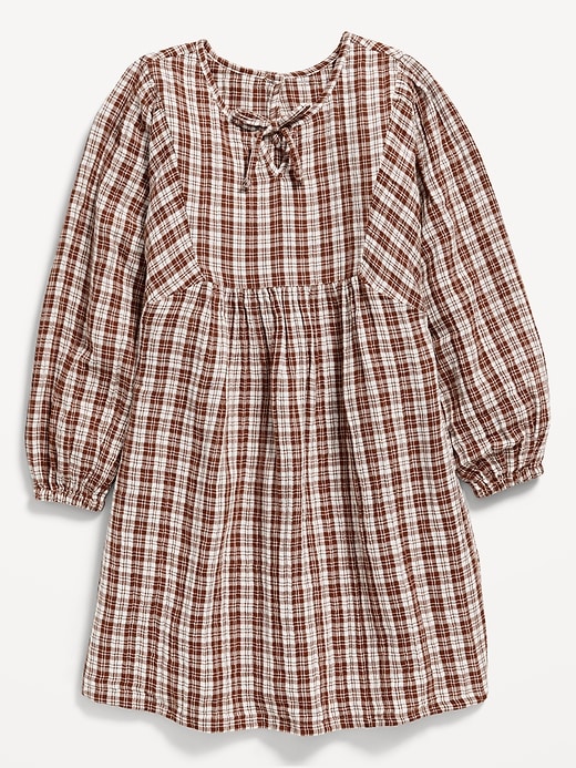 Image number 3 showing, Long-Sleeve Tie-Front Double-Weave Swing Dress for Girls