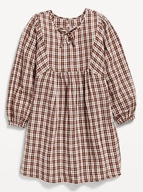 Image number 3 showing, Long-Sleeve Tie-Front Double-Weave Swing Dress for Girls
