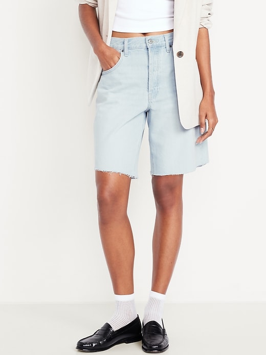 Image number 2 showing, Mid-Rise Baggy Cut-Off Jean Bermuda Shorts -- 9-inch inseam