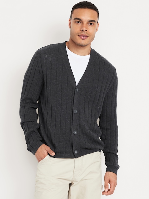 Ribbed Button-Front Cardigan - Gray