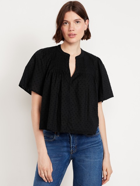 Flutter-Sleeve Swiss Dot Top - Black