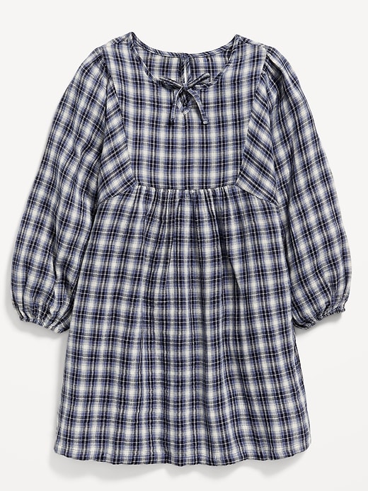 Image number 3 showing, Long-Sleeve Tie-Front Double-Weave Swing Dress for Girls