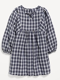Image number 3 showing, Long-Sleeve Tie-Front Double-Weave Swing Dress for Girls