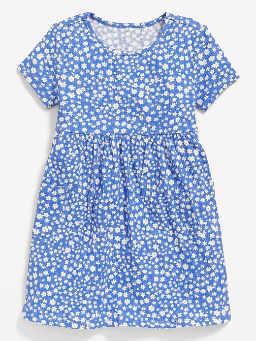 View large product image 2 of 2. Short-Sleeve Ribbed Fit and Flare Pocket Dress for Toddler Girls