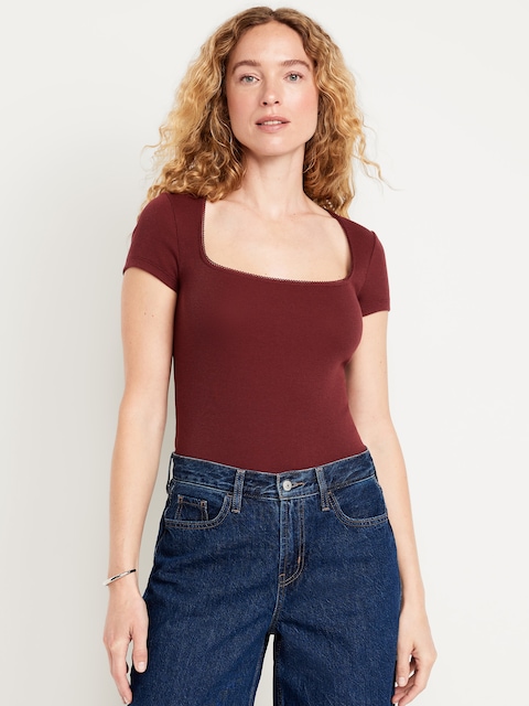 Square-Neck Ribbed T-Shirt - Red