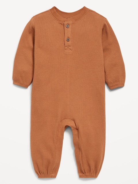 Long-Sleeve Waffle-Knit Henley One-Piece for Baby - Brown