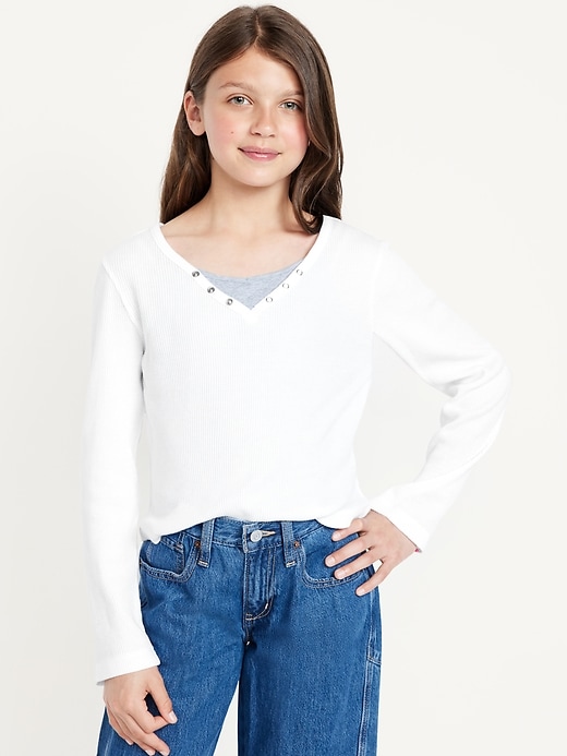 Image number 1 showing, Long-Sleeve 2-In-1 Fitted Henley Top for Girls