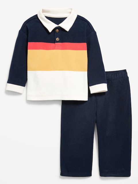 Printed Long-Sleeve Polo Shirt and Pants Set for Baby - Blue