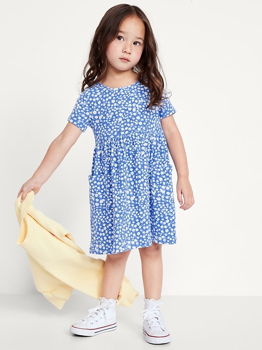 View large product image 1 of 2. Short-Sleeve Ribbed Fit and Flare Pocket Dress for Toddler Girls