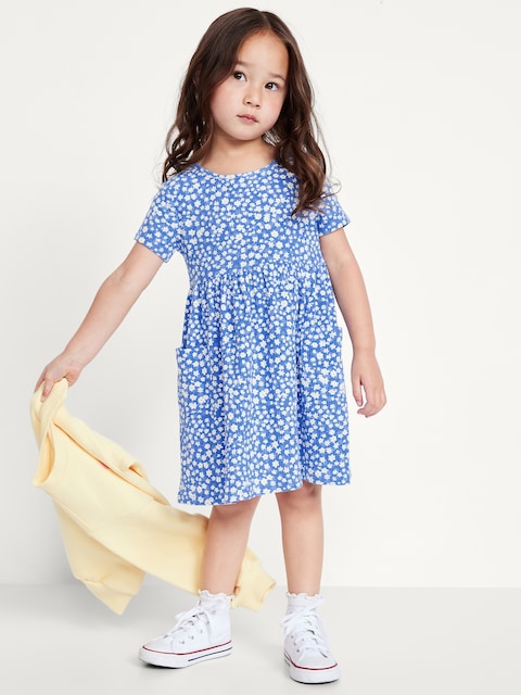 Short-Sleeve Ribbed Fit and Flare Pocket Dress for Toddler Girls