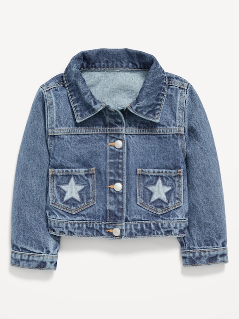 Embroidered Stars Trucker Jean Jacket for Toddler Girls - Blue