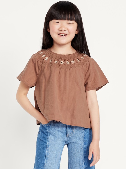 Short-Sleeve Textured Embroidered Top for Girls - Brown