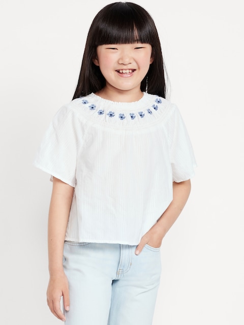 Short-Sleeve Textured Embroidered Top for Girls - White