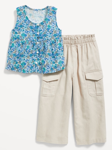 Printed Sleeveless Button-Front Top and Cargo Pants Set for Toddler Girls