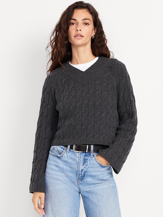 Image number 1 showing, Wool-Blend V-Neck Cable Cropped Sweater