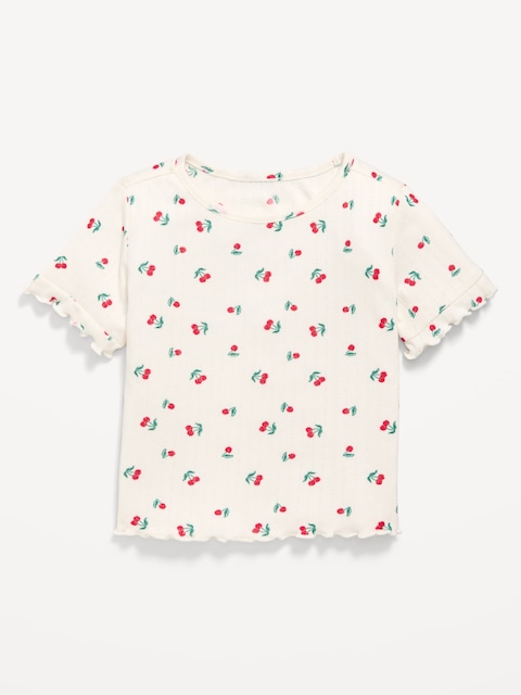 Printed Short-Sleeve Pointelle-Knit Top for Toddler Girls - White