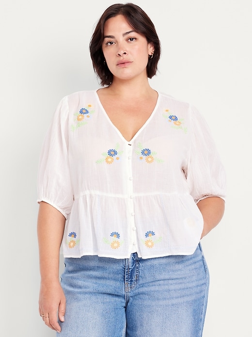 Image number 6 showing, Crinkle Gauze Button-Down Embroidered Top