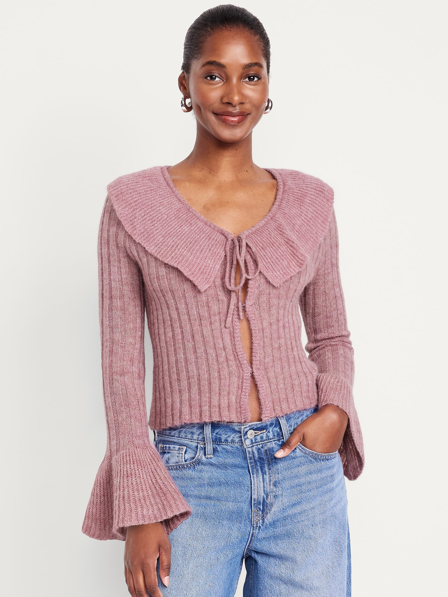 Wool-Blend Ruffle Tie-Front Cropped Cardigan | Old Navy