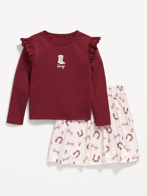 Ensemble jupe et t-shirt à volants à manches longues pour Toute-petite fille - Bleu